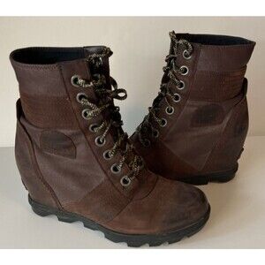 Women’s Sorel Lexie Wedge Heel Boots Ankle Booties Sz 8 Brown Leather Waterproof